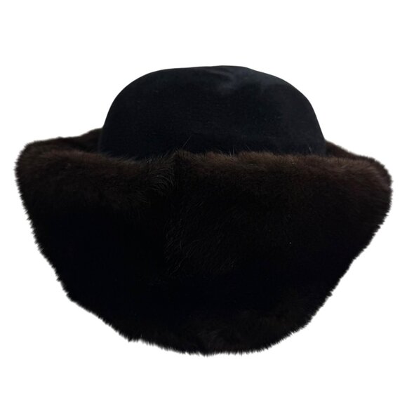 Vintage 1990s Birger Christensen Black Felt Hat with Brown Mink Fur Trim OSFM